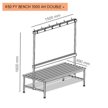 Obojstranná šatníková lavica s opierkou, vešiakmi a roštom na obuv, dĺžka 1500 mm - 2. trieda