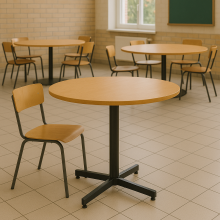 Kulatý jídelní stůl o průměru 90 cm s laminátovou deskou.