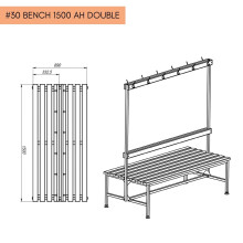 Oboustranná šatní lavice s opěrkou a věšáky o délce 1500 mm