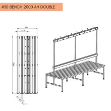 Oboustranná šatní lavice s opěrkou a věšáky o délce 2000 mm