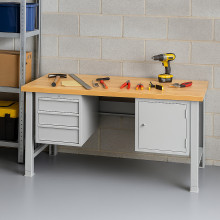 Pracovní stůl se 3 závěsnými zásuvkami a skříňkou, s nastavitelnými nohami, 2000 mm