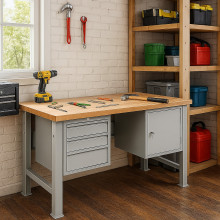 Pracovní stůl se 3 závěsnými zásuvkami a skříňkou, s pevnými nohami, 1500 mm