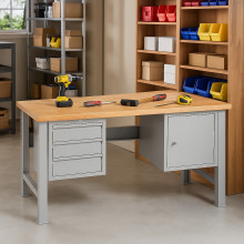 Pracovní stůl se 3 závěsnými zásuvkami a skříňkou, s pevnými nohami, 2000 mm