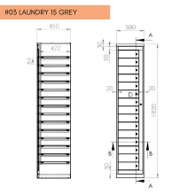 #03 LAUNDRY 15 GREY – Skriňa na výdaj pracovného oblečenia s 15 priehradkami, 1820/380/450 mm