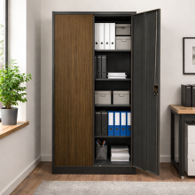 Kancelářská skříň s imitací tmavého dřeva, 4 police