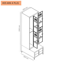 #03 MINI 4 PLUS – 4+4-dverová šatníková skriňa s krátkymi dverami, zabudovanou lavicou a skriňami na obuv
