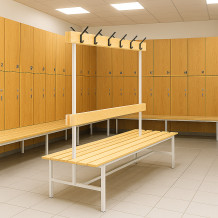 #16 BENCH 1500 DOUBLE AH │ Oboustranná šatní lavice s opěrkou a věšáky, 1500 mm