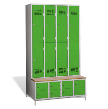 #03 MINI 8 PLUS – 8+8-dveřová šatní skříň s krátkými dveřmi, zabudovanou lavicí a skříněmi na obuv8+8-dveřová šatní skříň s krátkými dveřmi, zabudovanou lavicí a skříněmi na obuv, RAL 7016