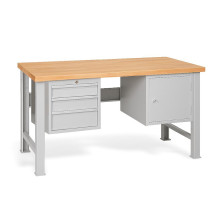 Pracovní stůl se 3 závěsnými zásuvkami a skříňkou, s pevnými nohami, 1500 mm