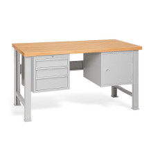 Pracovní stůl se 3 závěsnými zásuvkami a skříňkou, s nastavitelnými nohami, 1500 mm