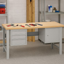 Pracovní stůl se 3 závěsnými zásuvkami a skříňkou, s pevnými nohami, 1700 mm