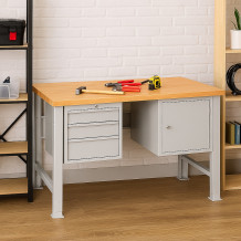 Pracovní stůl se 3 závěsnými zásuvkami a skříňkou, s nastavitelnými nohami, 1500 mm