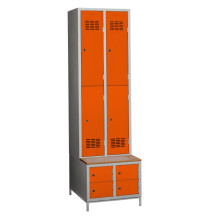 #03 MINI 4 PLUS – 4+4dveřová šatní skříň s krátkými dveřmi, vestavěnou lavicí a skříňkami na boty, RAL 3020