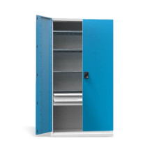 Dílenská skříň se 4 policemi a 2 zásuvkami, modrá, s nosností 600 kg
