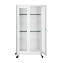 Nemocniční skříň na léky se 4 skleněnými policemi a kolečky (demont)