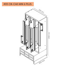 #03 CIK-CAK MINI 6 PLUS – 6+6-dveřová šatní skříň se Z-kovými dveřmi, zabudovanou lavicí a skříněmi na obuv