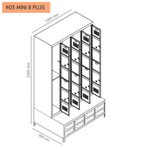 #03 MINI 8 PLUS – 8+8-dveřová šatní skříň s krátkými dveřmi, zabudovanou lavicí a skříněmi na obuv