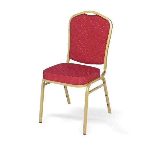Konferenční židle s červeným čalouněním a zlatým rámem.