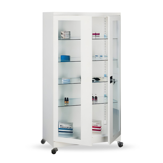 #26 MEDICINE MAXI GLASS ECONOMY - Nemocniční skříňka na léky se 4 skleněnými policemi a kolečky, 1800x800x435mm
