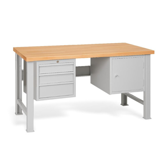 Pracovní stůl se 3 závěsnými zásuvkami a skříňkou, s pevnými nohami, 1500 mm