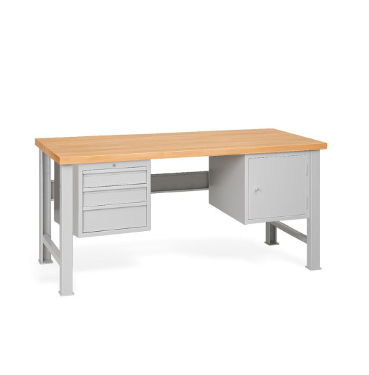 Pracovní stůl se 3 závěsnými zásuvkami a skříňkou, s pevnými nohami, 2000 mm