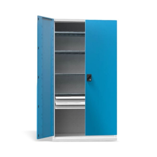 Dílenská skříň se 4 policemi a 2 zásuvkami, modrá, s nosností 600 kg