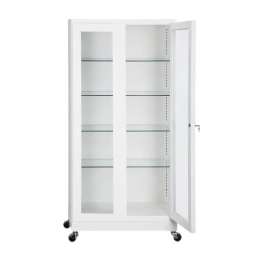 Nemocniční skříň na léky se 4 skleněnými policemi a kolečky (demont)