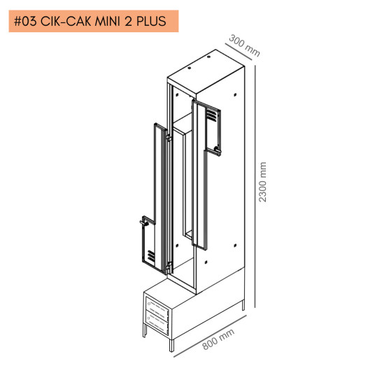 #03 CIK-CAK MINI 2 PLUS – 2+2-dveřová šatní skříň se Z-kovými dveřmi, zabudovanou lavicí a skříněmi na obuv